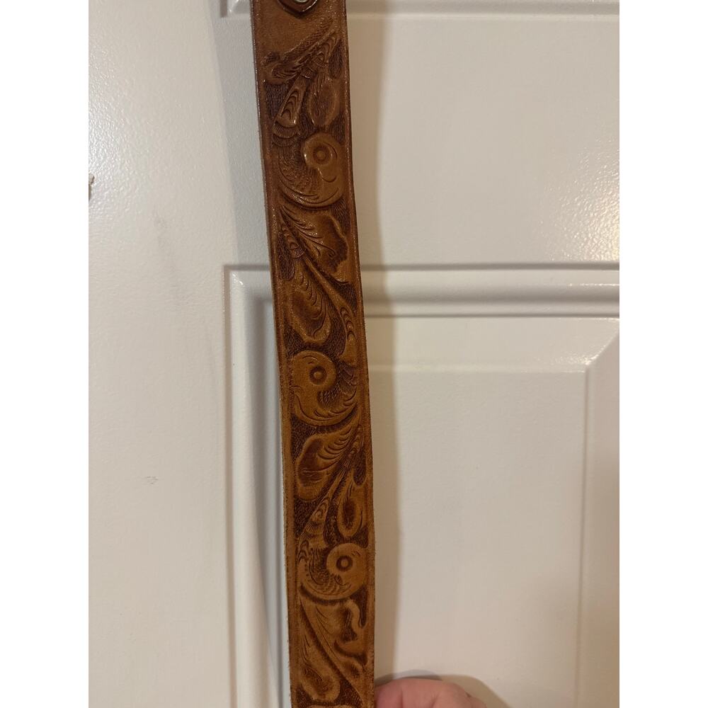Hand-tooled Tan Leather Belt Floral Embossing and a Weatern-style buckle 49” - Picture 3 of 6